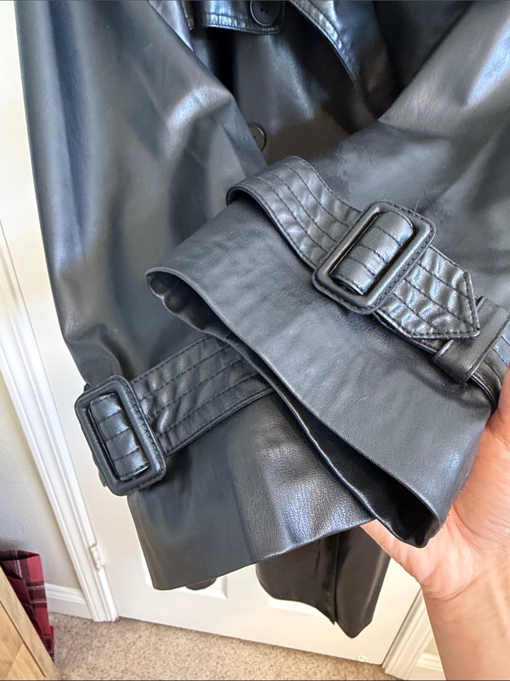 Zara Black Faux Leather Double-Breasted Trench Coat - Picture 4 of 10